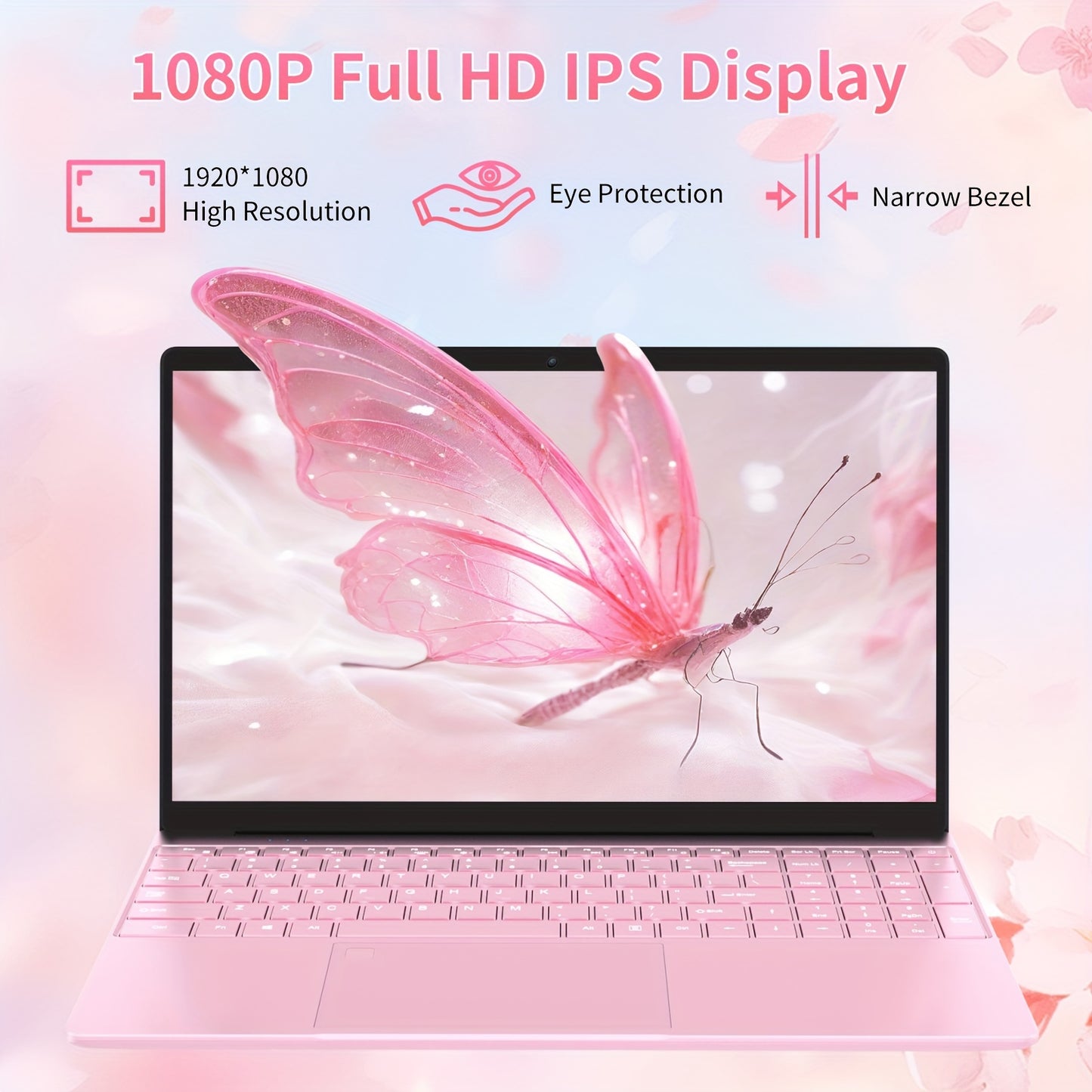 Pink 39.62cm laptop with 8GB DDR4 RAM, 256GB SSD, Quad-Core Intel N5095 CPU (Up to 2.9GHz), 1080P FHD display, webcam, USB 3.0, backlit keyboard - Ideal for students & professionals.