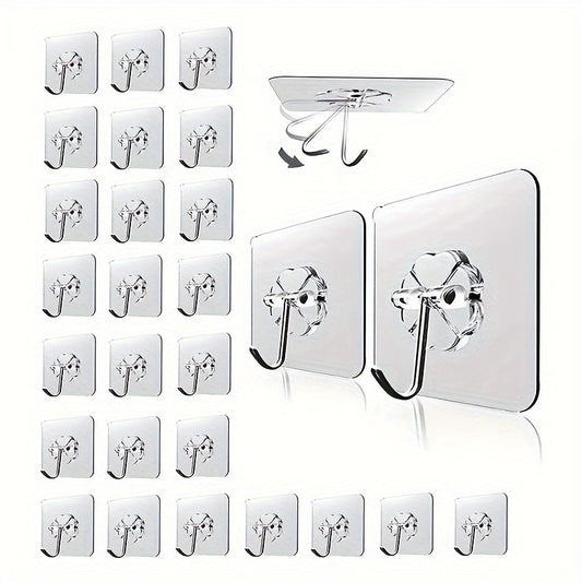 30 transparent self-adhesive hooks for easy, no-damage installation. Ideal for coats, towels, keys, and more in home, office, dorm, and utility spaces. Waterproof design.