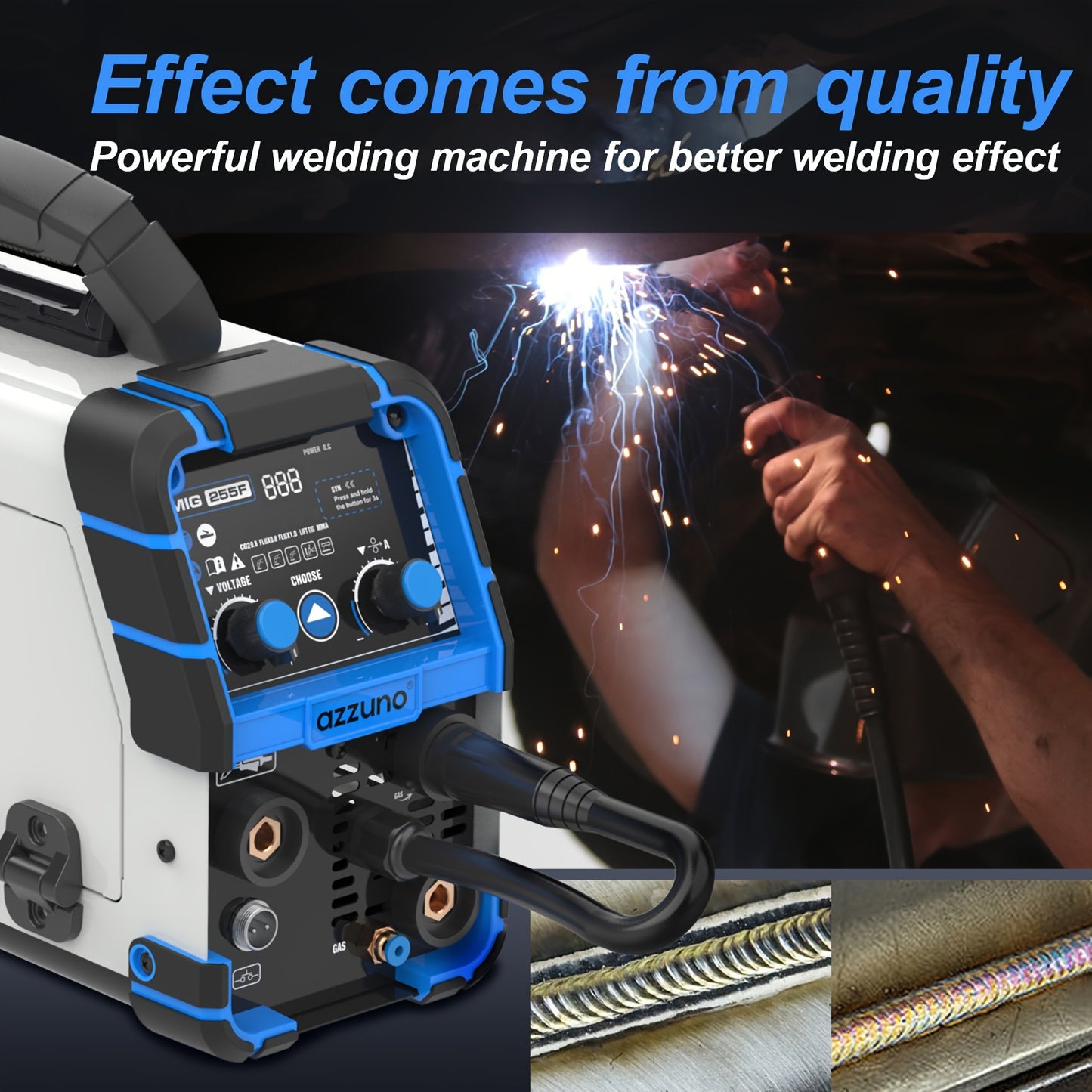 The AZZUNO MIG-255F is a versatile 4-in-1 CO2 gas shielded welding machine that is small, portable, and adjustable. It can perform MIG gas welding, MIG airless welding, MMA, and TIG LIFT