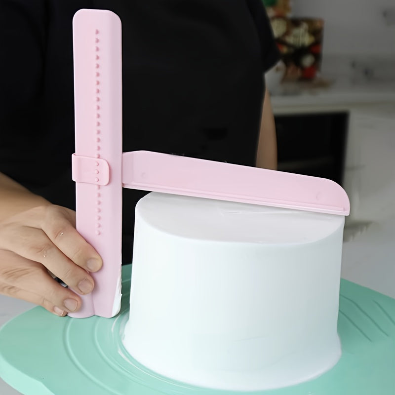 Cake decorating tool for achieving smooth edges and surfaces: Adjustable Height Cake Icing Spatula and Plastic Cake Smoother Scraper for Fondant Design.