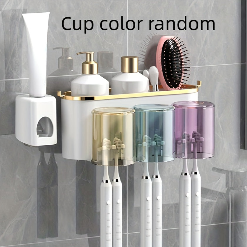 Multifunctional wall-mounted toothbrush and toothpaste holder with squeezer, punch-free design. Clear plastic organizer for electric toothbrushes, includes mouthwash cup storage shelf.