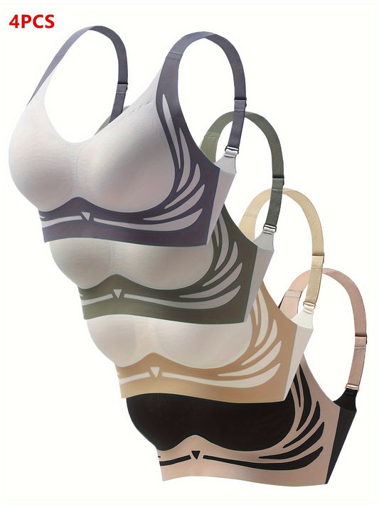 Women's 4-piece seamless bralette set with striped pattern, removable pads, and comfortable knit material.