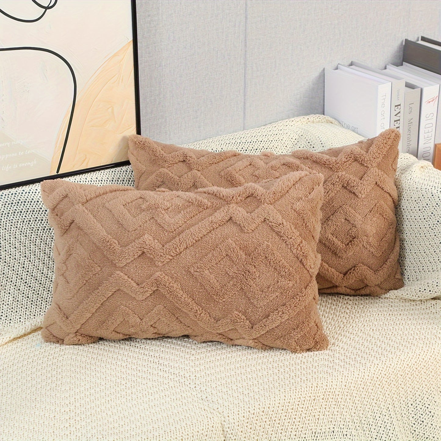 2 Modern Plush Faux Wool Velvet Pillow Covers - Cream & Beige Geometric Pattern, Soft, Luxurious, Zipper Closure, Hand Wash, No Insert, Bedroom Decor, Plush Texture, Zippered Pillowcase