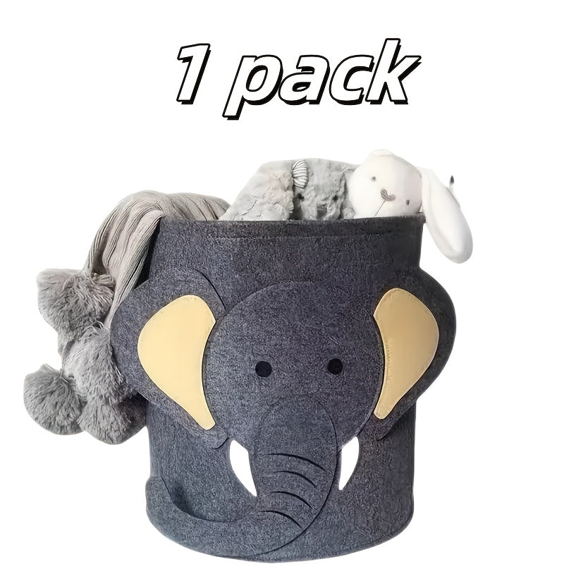 Large capacity 1-piece felt storage basket with cartoon animal design, made of polyester unfinished fabric. This foldable organizer is perfect for storing toys, clothes, and shoes. It can be used as a multi-purpose laundry bin in the home, bedroom, dorm