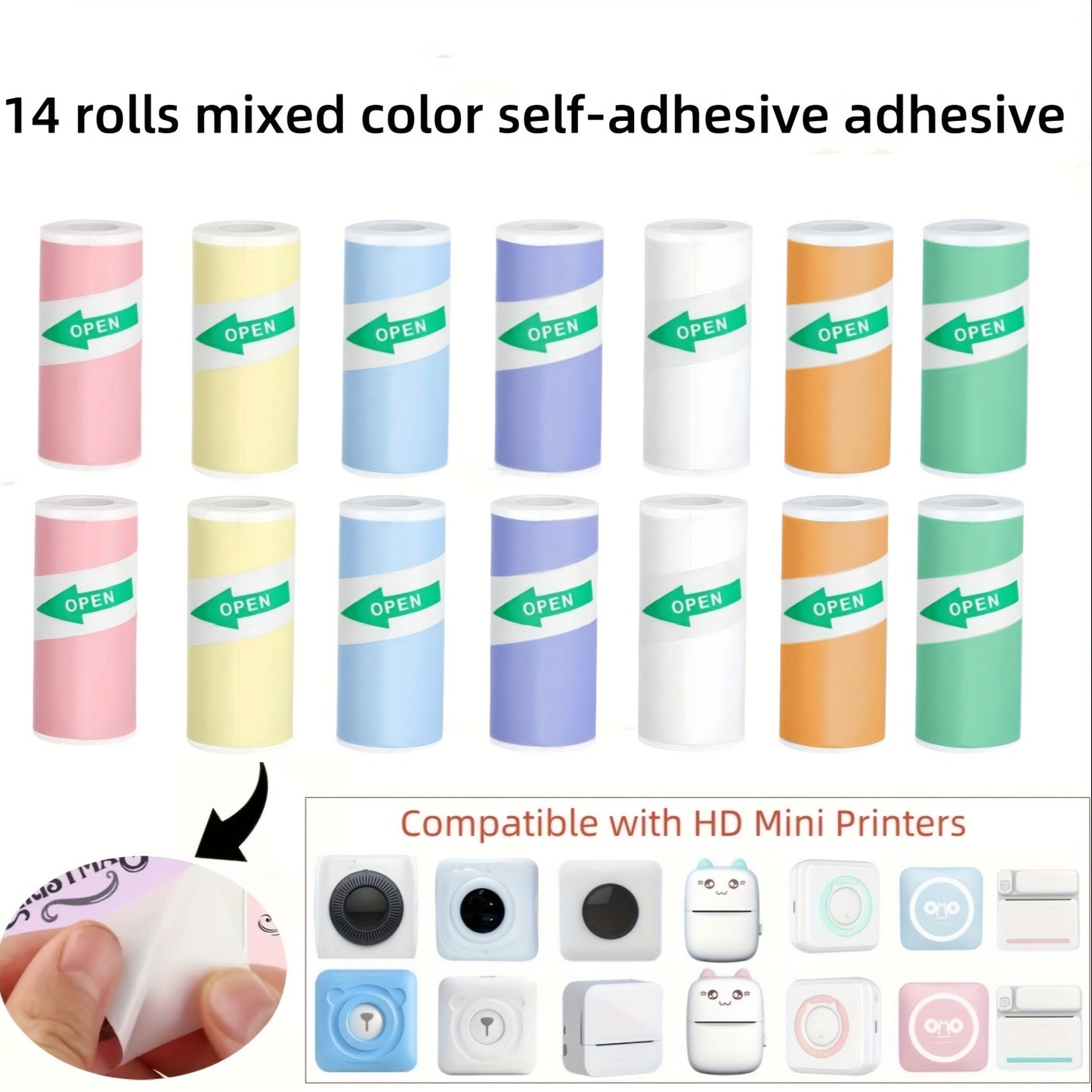 Colorful adhesive stickers in rolls, 57*25mm, suitable for mini printers/Polaroid cameras, ideal for inkless printers, study notes, work, photos, and memos. Glossy finish, compostable