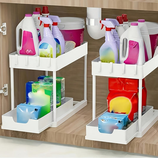 Plastic Under Sink Organizer and Storage with 2-Tier Sliding Cabinet Basket, Hooks Included - Multi-Purpose Organizer for Bathroom and Kitchen