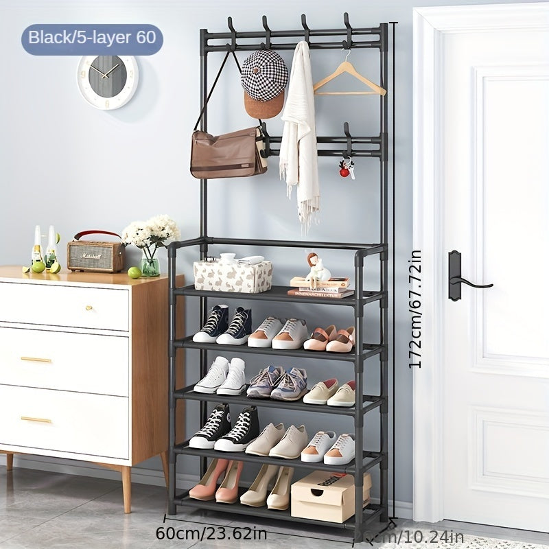 Entryway hall tree with coat rack and shoe rack, featuring hooks for bedroom organization. This versatile piece also includes a shelf for storage of shoes, clothes, hats, bags, umbrellas, and other home accessories.