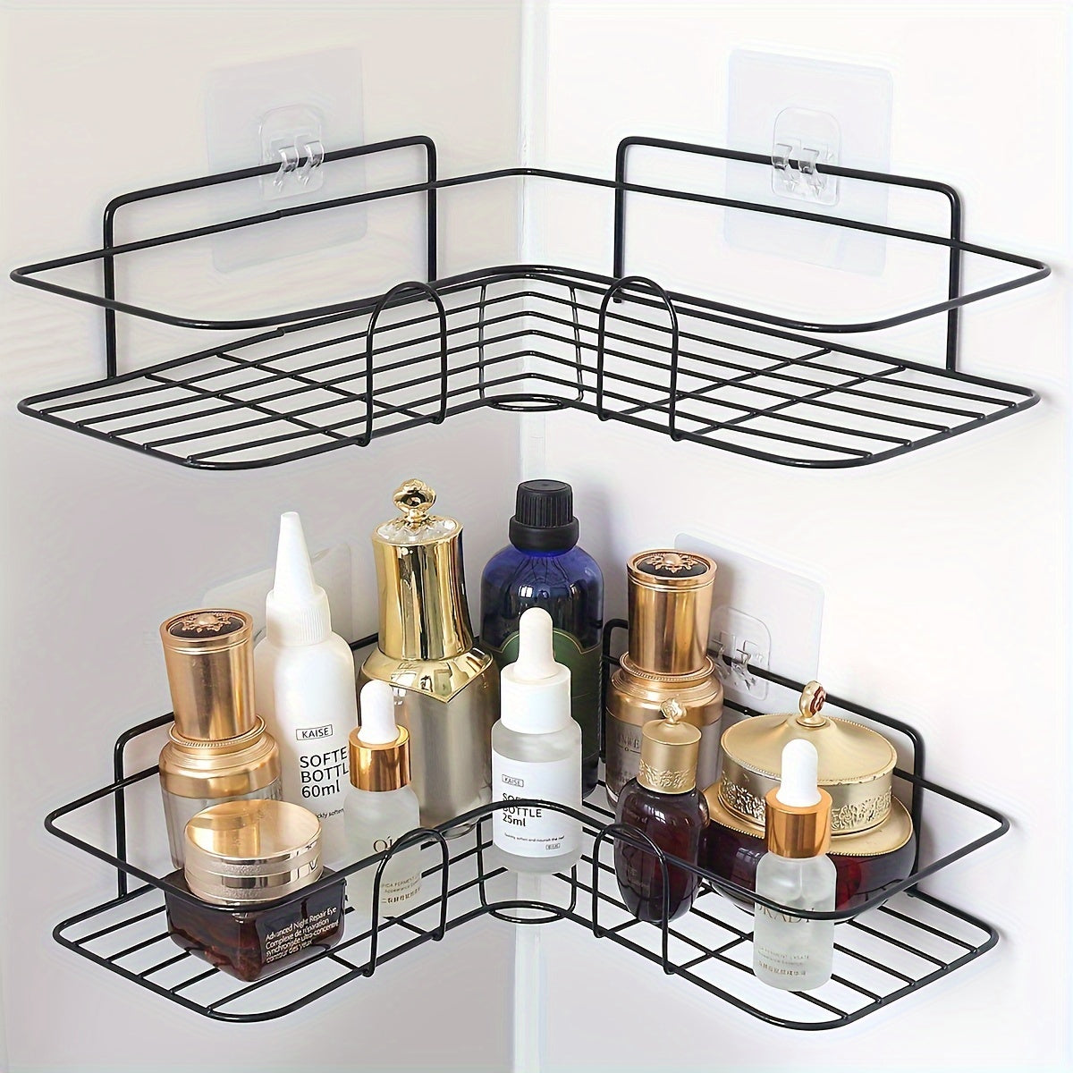 Stainless steel bathroom storage rack with golden tube, wall-mounted corner shower shelf. Comes with seamless stickers for easy installation. Available in white or black finish.