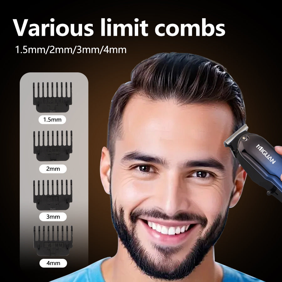 USB rechargeable hair clipper with digital display, 4 blades, ergonomic handle for precision trimming and styling. Ideal gift with sleek blue design.