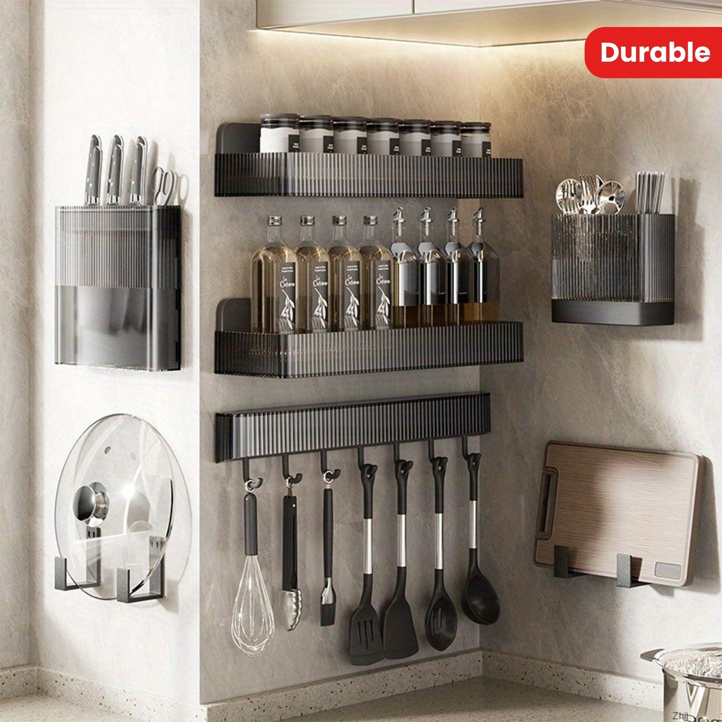 Set of kitchen organizer racks including spice jars, pot lid holder, cutting board holder, knife holder, and hooks. Made of durable plastic for open-storage, easily removable for cleaning. No electricity needed.