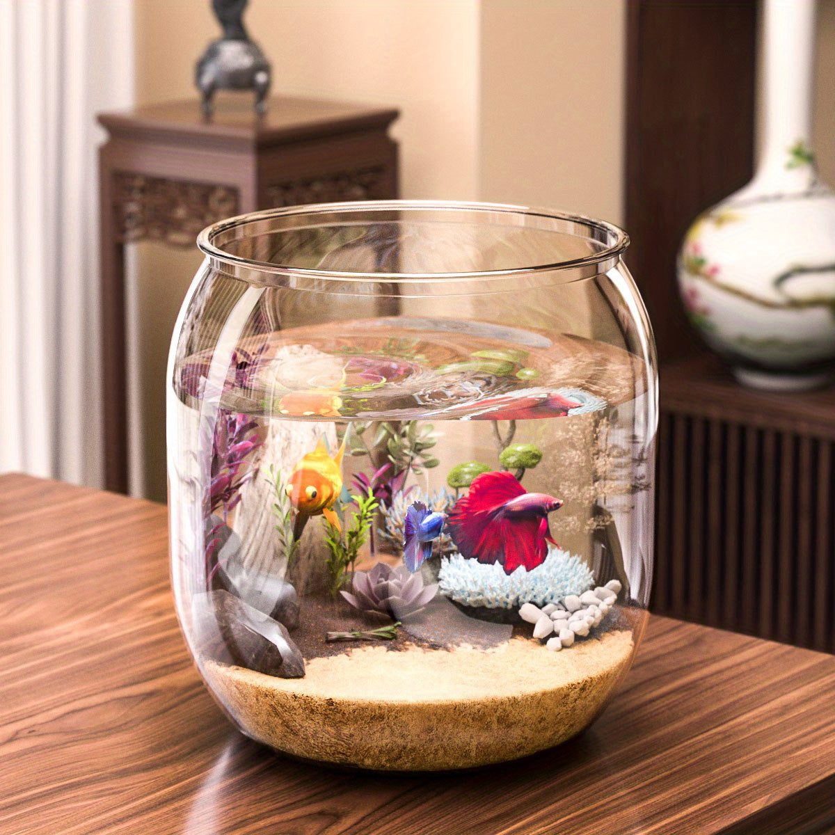 High-end clear acrylic fish tank designed for goldfish and turtles, shatterproof with large capacity and integrated desktop micro landscape feature.