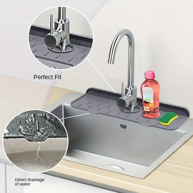 Waterproof and easy-to-clean silicone mat designed to catch faucet water, with drainage system and non-electric absorbent properties. Ideal as a sink splash guard and kitchen counter protector pad.