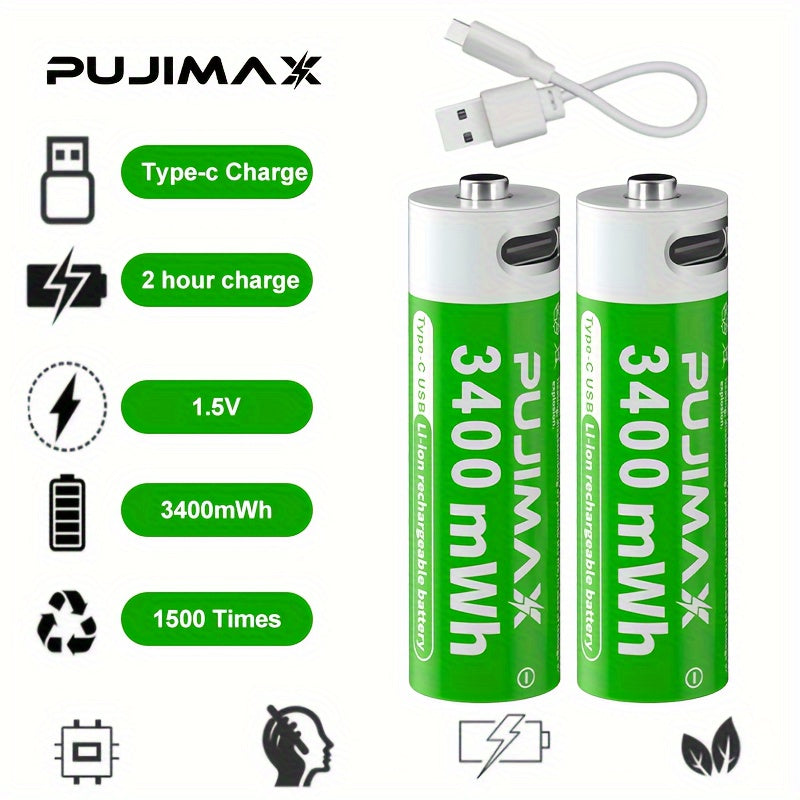 PUJIMAX 1.5V AA 3400mWh Rechargeable Batteries available in sets of 2, 4, or 8 with fast Type-C charging and long-lasting power for electronics. Features green battery design and durability.