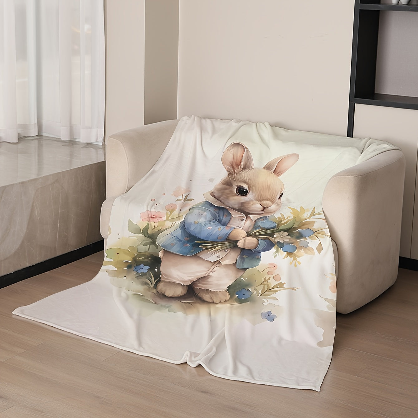 Cozy Cartoon Bunny Printed Blanket - This blanket features a charming cartoon bunny design, perfect for adding a touch of whimsy to any space. Made from soft and warm knit polyester coral fleece, this blanket is ideal for year-round use. The digital