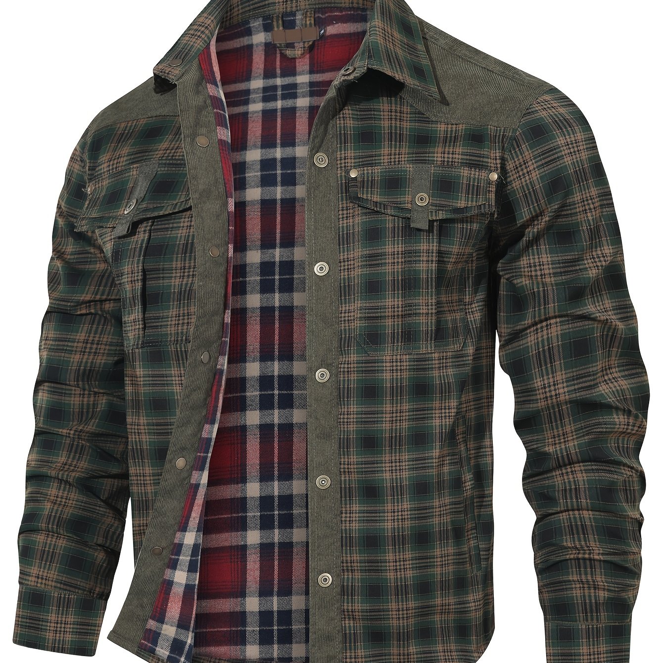 Premium plaid jacket for men - casual polyester, button-up with collar for spring/fall.