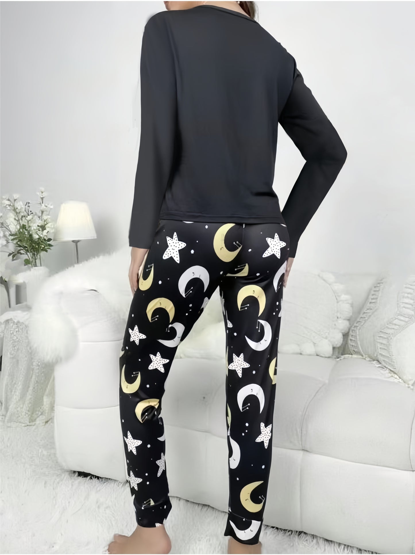 Women's loungewear set with moon and star print, long sleeve top, crew neck, elastic waistband pants