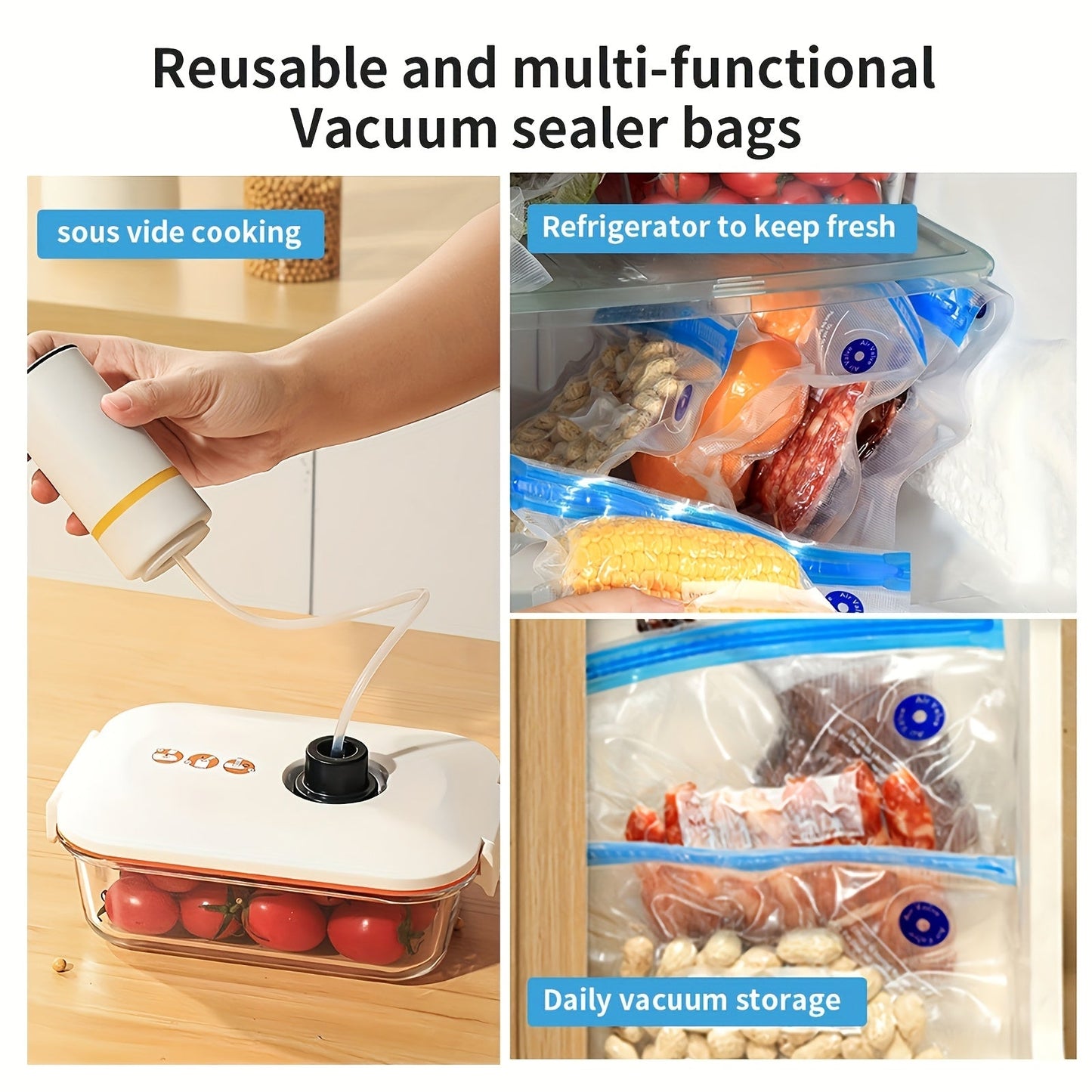 USB Rechargeable Hand-held Electric Vacuum Sealer Machine with 3 Sizes of Zipper Bags (Large, Medium, Small) - Automatic Operation - Includes 25.4cm x 21.59cm, 27.94cm x 25.4cm, and 34.29cm x 25.4cm bag sizes