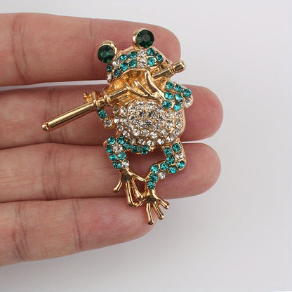 Rhinestone Brooch Featuring Frog Playing Flute, Elegant Women's Fashion Accessory