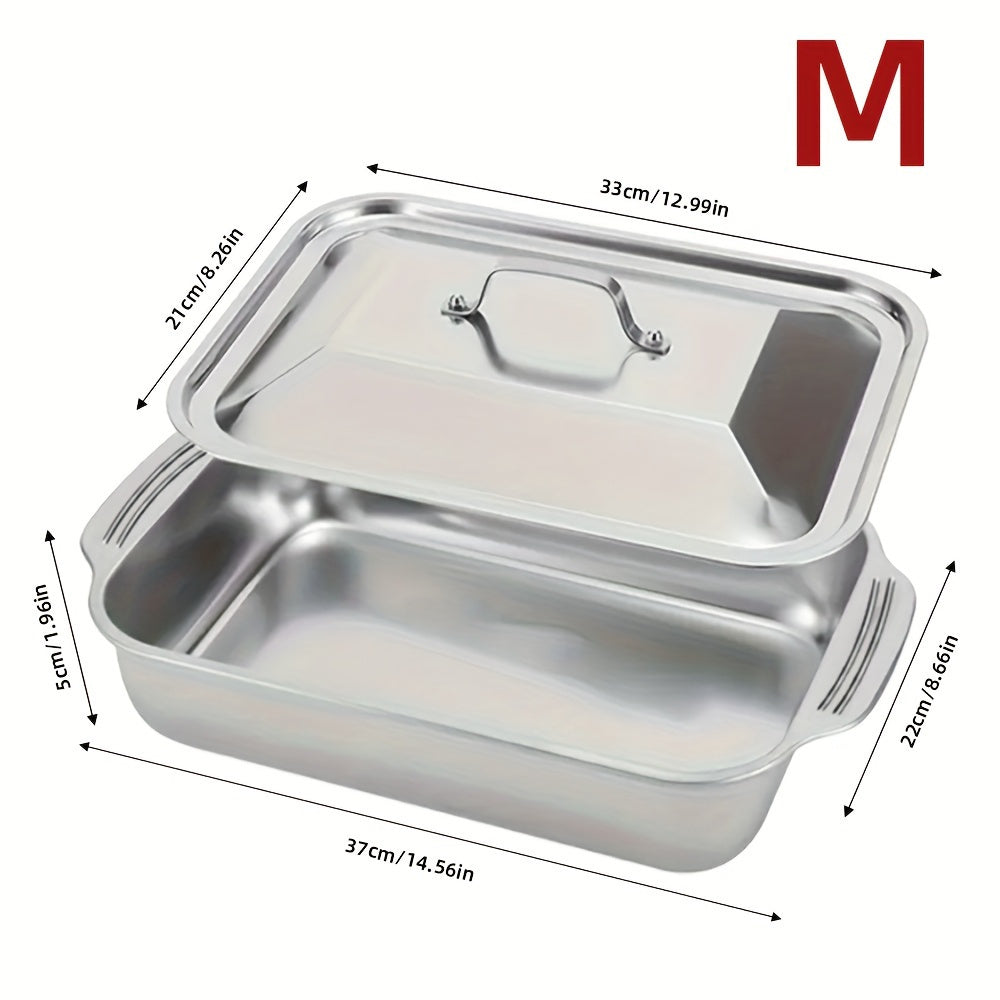 Stainless steel baking pan set with lid, non-stick, versatile for desserts, bread, BBQ and more. Heat resistant, easy to clean, includes rectangular baking trays, seafood trays, dinner