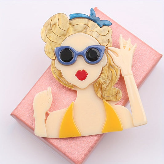 Retro Glasses Lady Head Pendant in Vintage Style Acrylic Pin, Perfect for Clothing Accessories