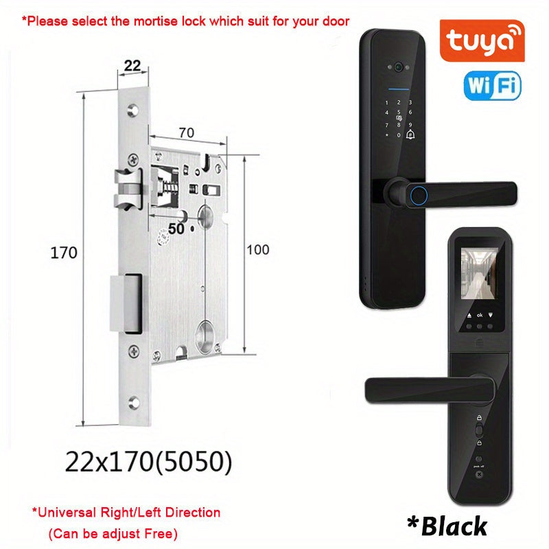 Smart door lock with biometric camera, fingerprint, smart card, password, and key unlock.