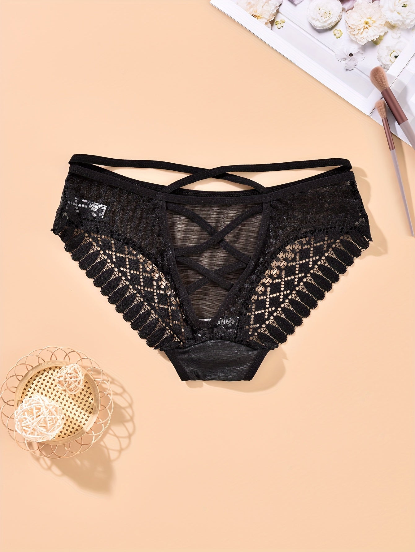 Comfortable back cross strap hipster panties with hollow mesh design - women's lingerie & underwear.