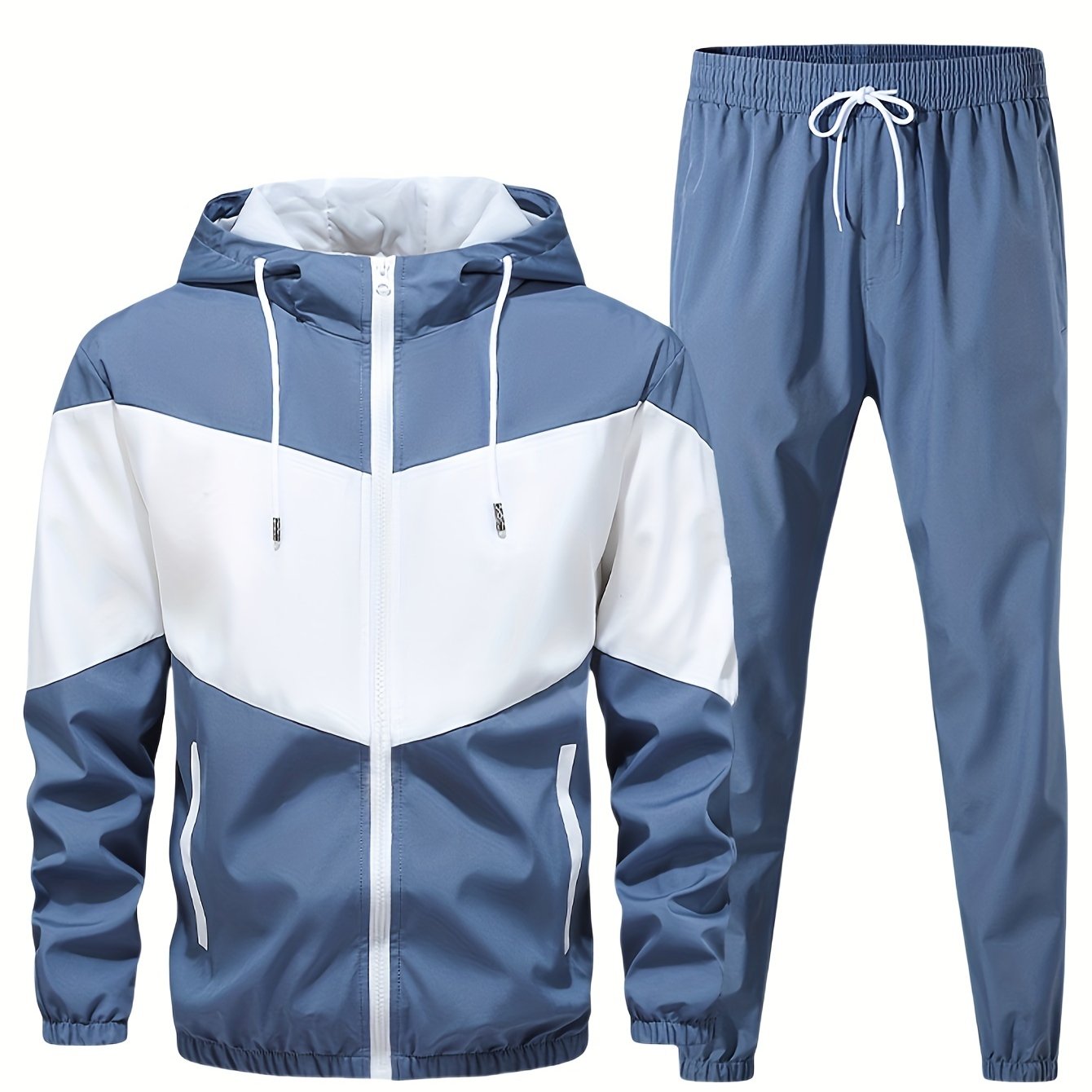 Men's casual 2-piece outfit with a stylish color block zip up hooded jacket and breathable drawstring pants.