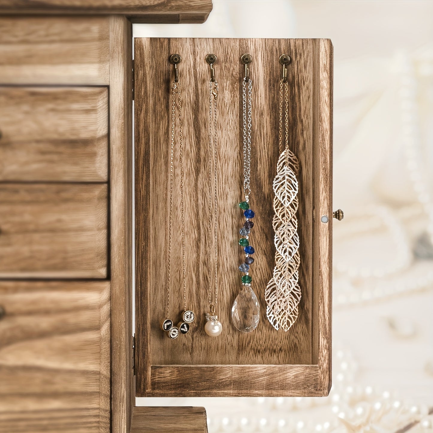 1pc Rustic Wooden Jewelry Box with Mirror and 4 Layers for Organizing Rings, Earrings, Necklaces, and Bracelets.