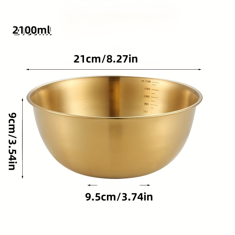 A durable stainless steel salad bowl with scale, oven safe and with brushed metal finish, suitable for home and school use.