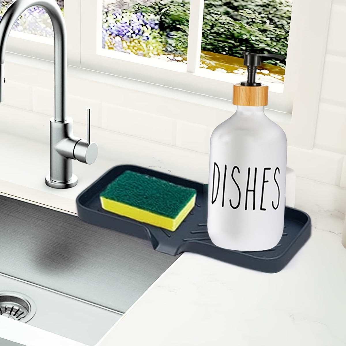 Silicone soap sponge holder for sink with storage tray and dispenser rack. Great for bathroom organization.