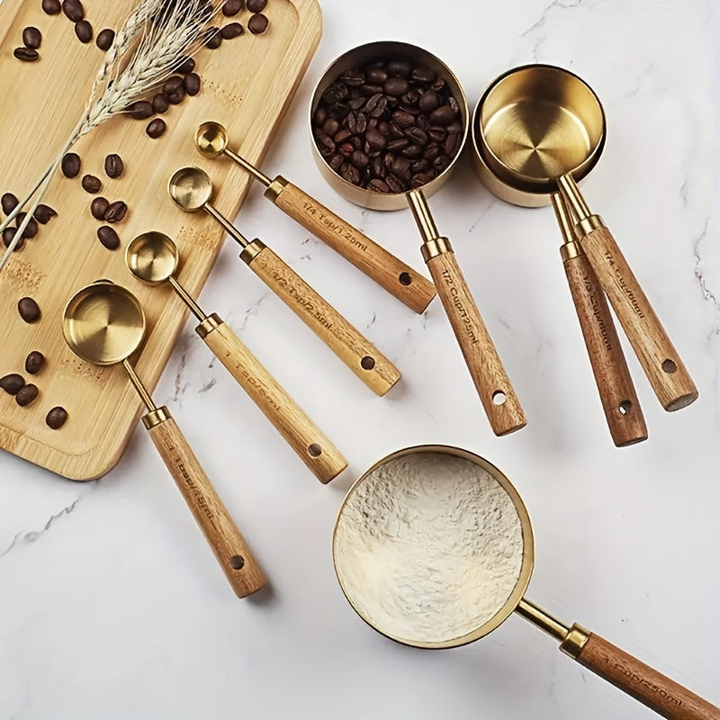 Set of 4 measuring cups and 4 measuring spoons, with both metric and US measurements. Features wood handles, high-quality stainless steel construction, golden polished surface. Ideal for measuring dry and liquid ingredients while cooking and baking.