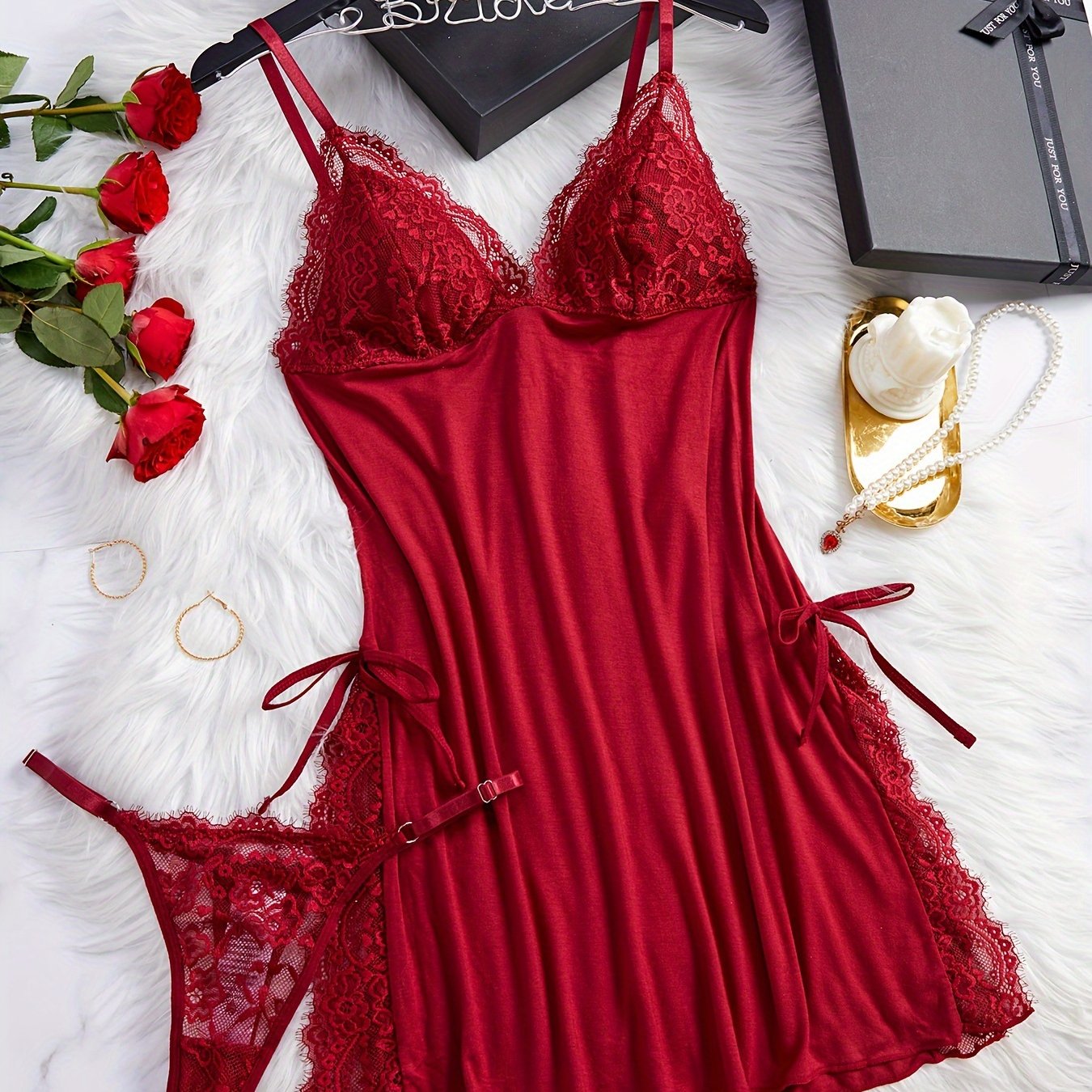 Women's sexy nightdress and panty set with V-neck, thin shoulder straps, and fashionable charm design.