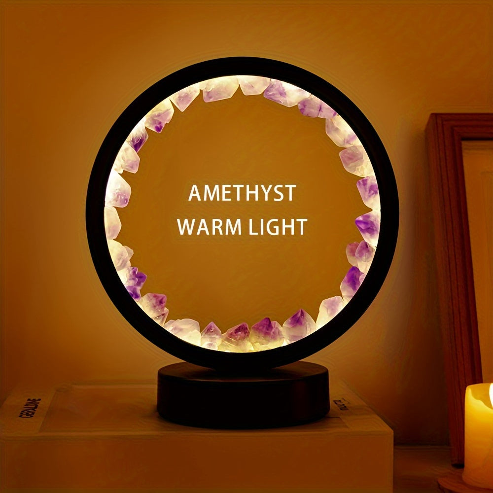 Rechargeable LED lamp with natural quartz amethyst cluster emits soothing light for bedroom and desk decor.