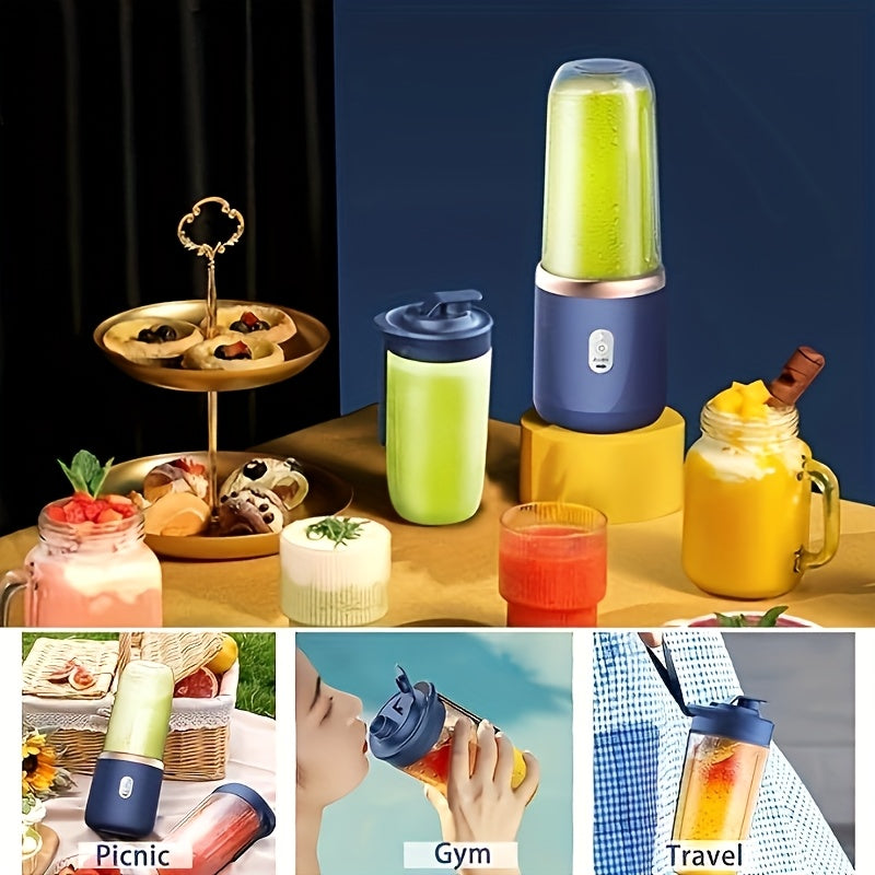 This portable blender is a personal smoothie maker with a travel lid, 2 cups each holding 13.53 ounces. It is a USB rechargeable mini fruit blender with 6 blades, making it suitable for use in the kitchen, at home, and while traveling.