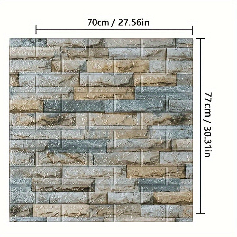 10pcs self-adhesive PVC wallpaper 3D brick wall stickers measuring 70cm X 77cm for DIY home decor in bedroom and bathroom.