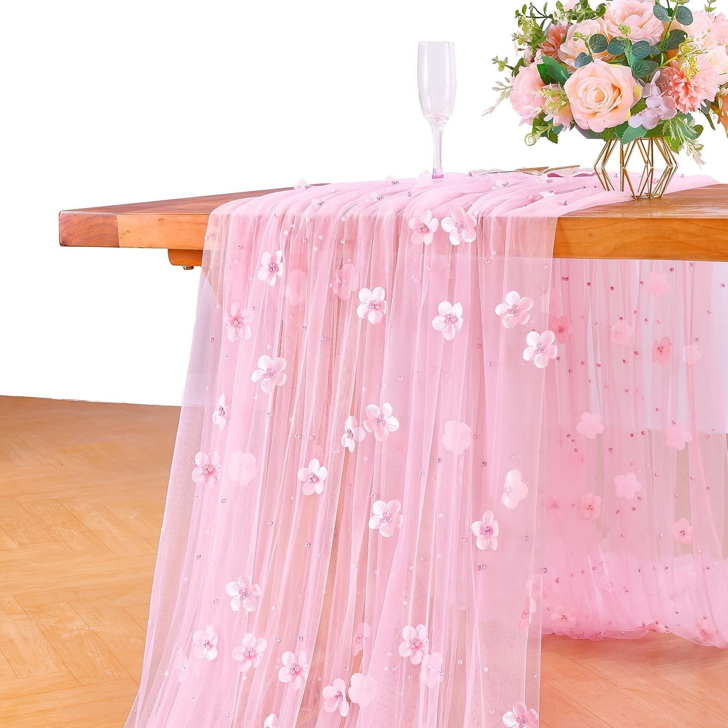 Elegant pearl bead tulle table runner, perfect for weddings and parties. Can also be used as a chair sash or backdrop drape. Made from 100% polyester fabric with delicate bead detailing.