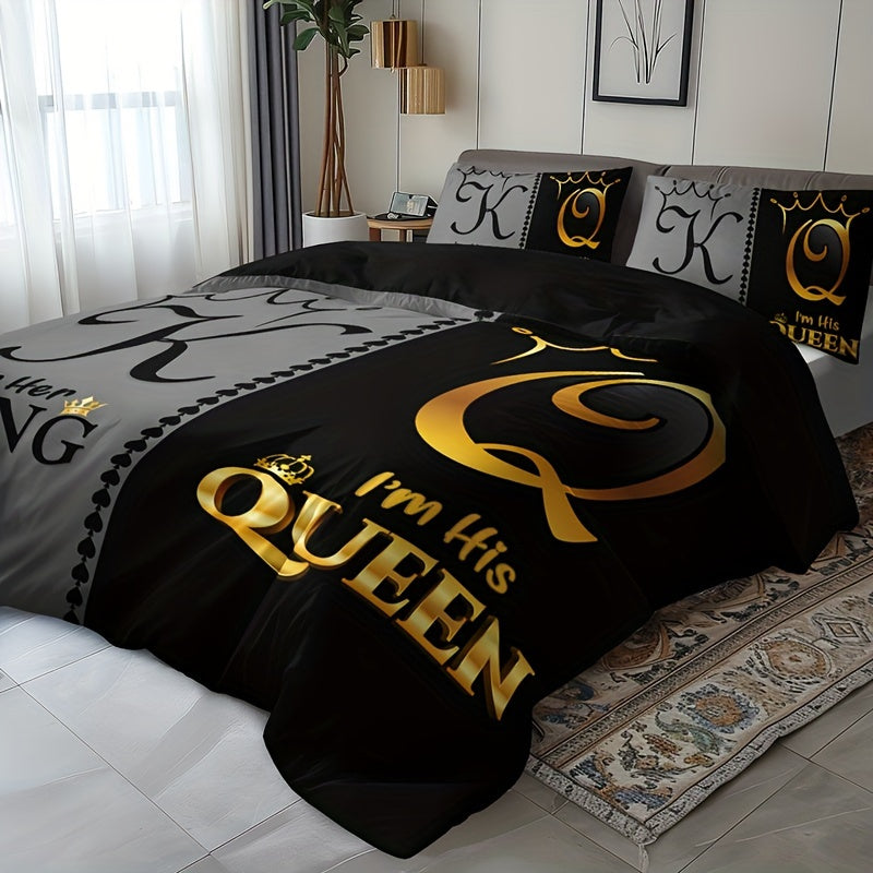 3-piece polyester bedding set with digital print featuring king and queen crown motifs. Includes 1 comforter cover and 2 pillow shams. Machine washable with breathable fabric for all-season comfort. Makes a cozy bedroom accessory and perfect Christmas