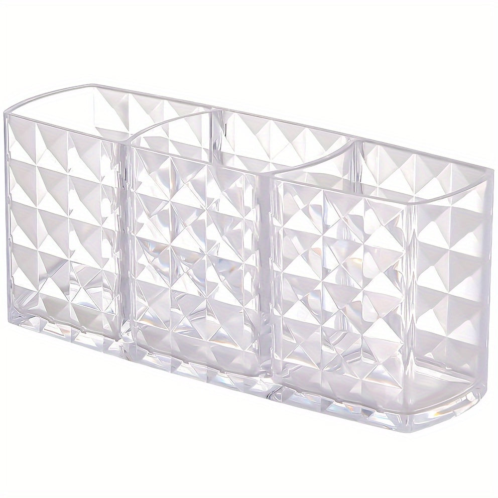 Clear plastic makeup organizer with 3 compartments for cosmetic storage. Ideal for brushes, lipsticks, brow pencils, and remote control. Can be used as a vanity or desk organizer without electricity.