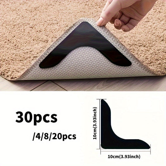 Anti-slip carpet stickers and adhesives in L-shape, ideal for various floor surfaces, prevent slipping and ensure flat mat placement. Innovative shelf liners. Available in packs of 4, 8