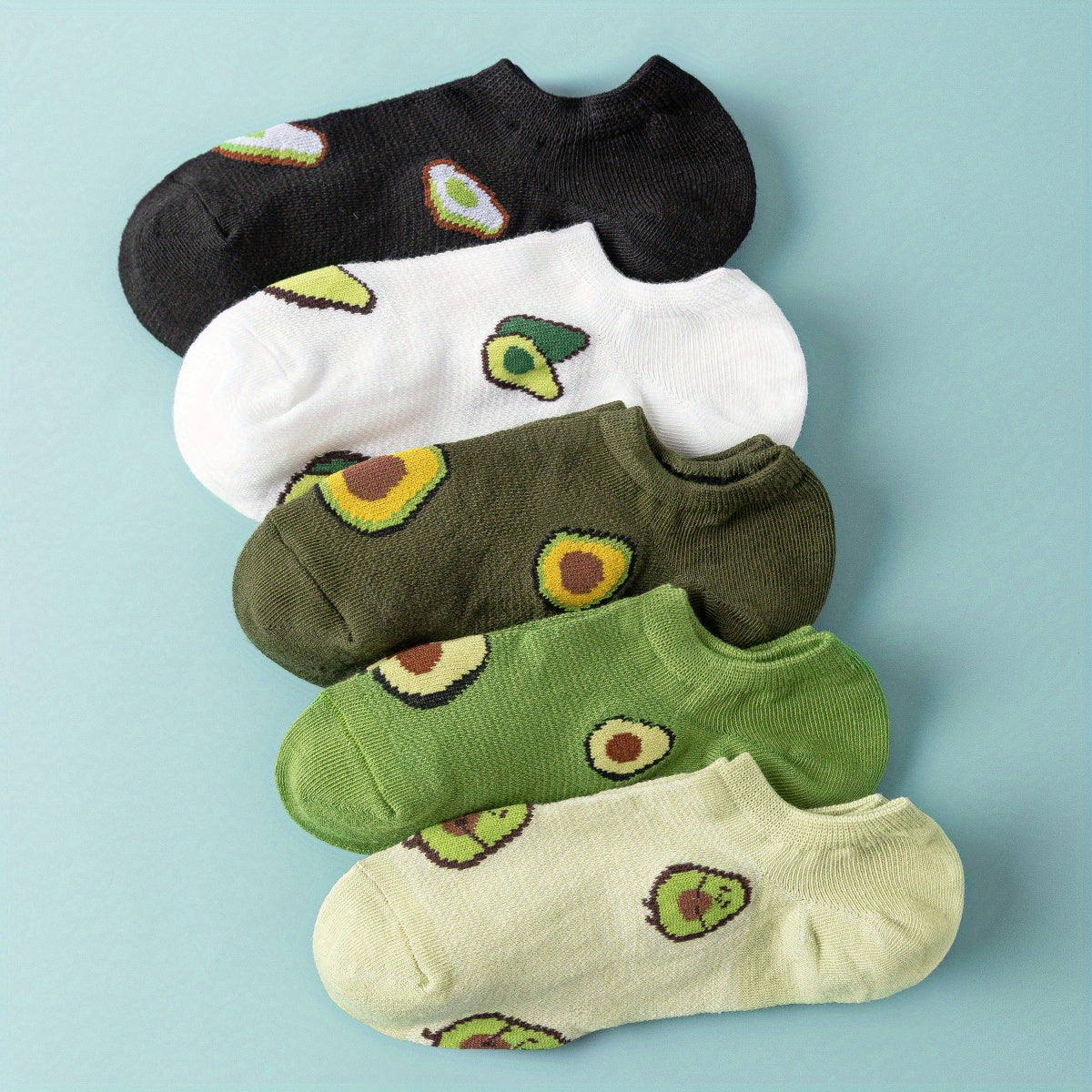 5 pairs of cute and comfy avocado print crew socks for women's ankles.