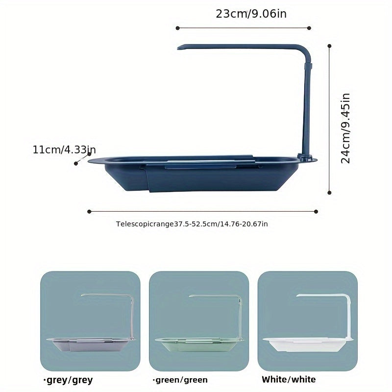 Durable plastic kitchen sink organizer with adjustable over sink dish drying rack and drainage basket. No assembly required for convenient storage of sponge, soap, and cloths. Multi-functional design.