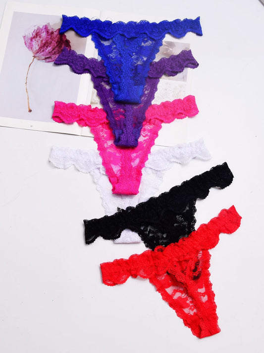 6 Floral Lace Thongs: Soft and Comfy, Scallop Trim, Women's Lingerie and Underwear