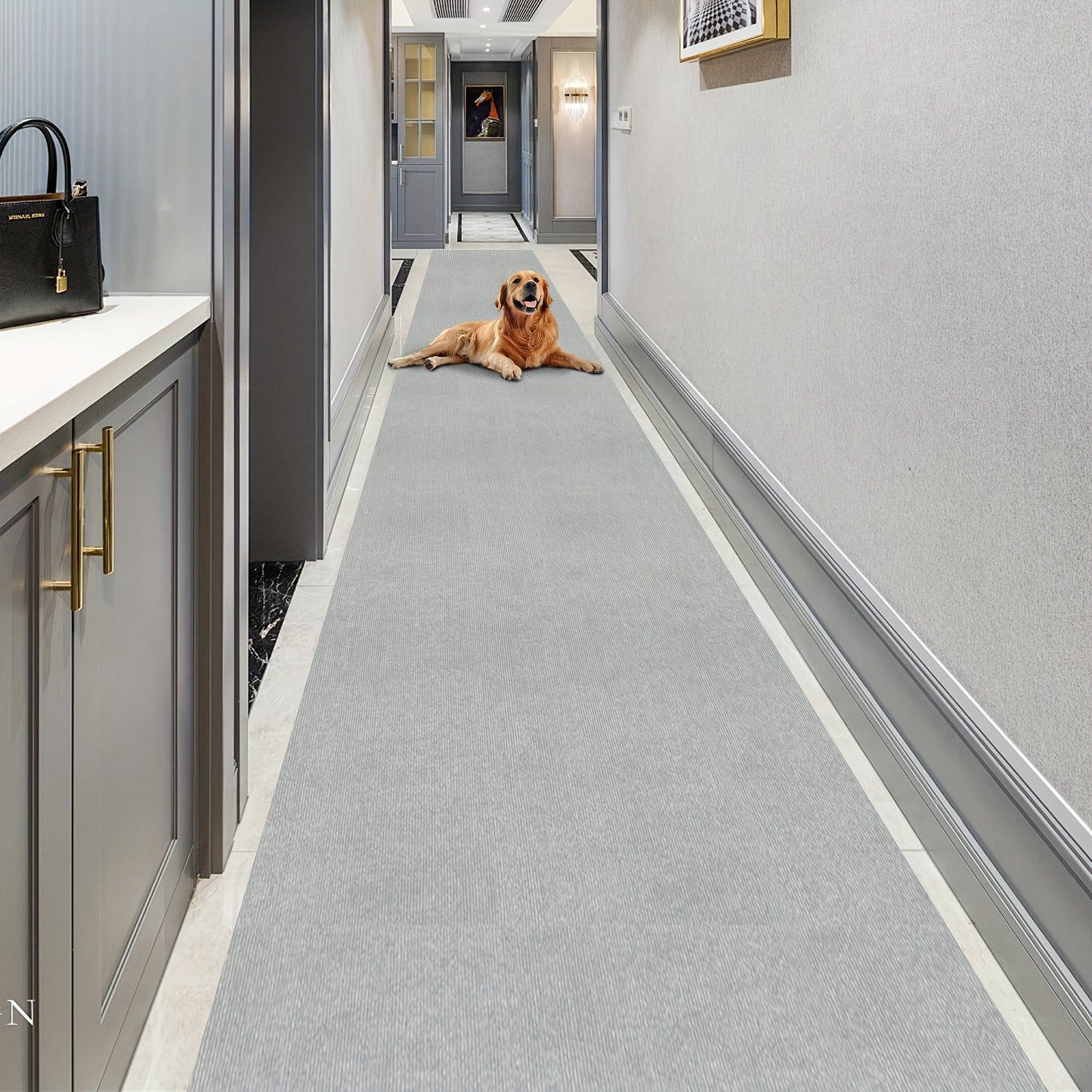 Add a touch of luxury with our Lightweight Dark Gray Striped Runner Mat. Made of non-slip, stain-resistant, and machine washable polyester, this mat is perfect for hallways, kitchens, living rooms, garages, and patios. Easy to install, it's the ideal mat