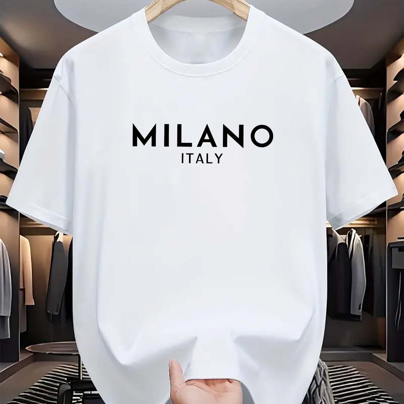 Men's Milano Italy Print T-Shirt, Casual Crew Neck Tee with Polyester Knit Fabric, Summer Short Sleeve Top with Stretch, Fashionable Regular Fit for Adults.