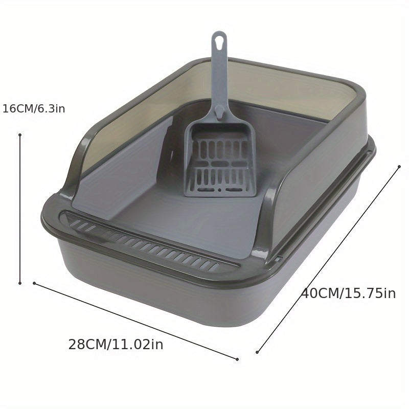 Semi-enclosed litter box for small to medium cats made from durable silicone and PP material with easy-clean design and high sides. Comes with ventilated pan and metal shovel.