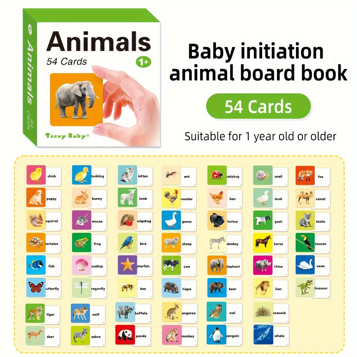 Teeny Baby® Animals Flashcards: 54 Cards featuring Animal Images and English Words for Early Learning.