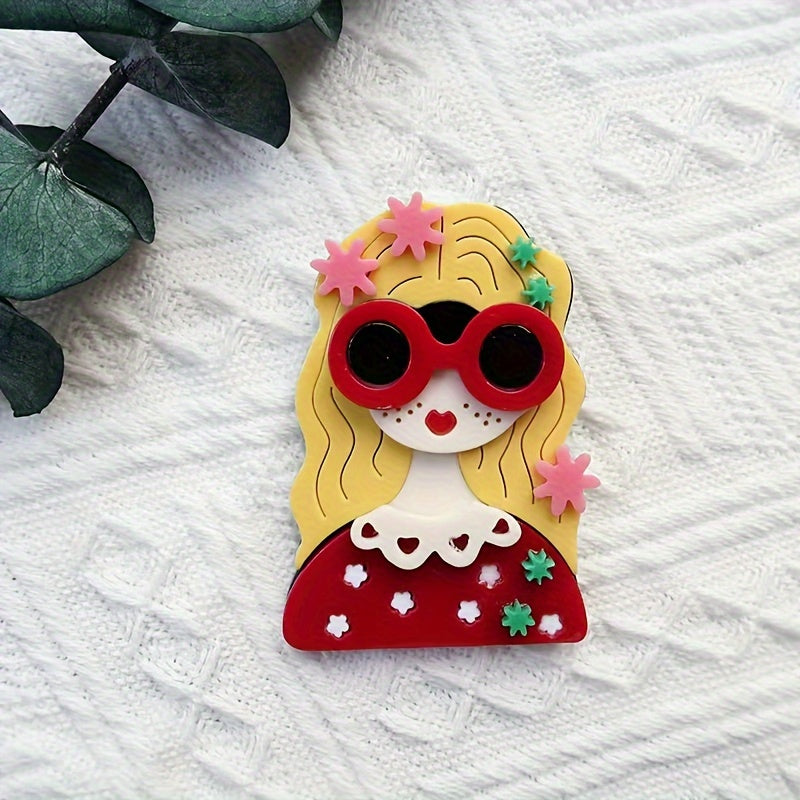 Charming and Stylish Acrylic Brooch: A Playful Pin featuring Red Glasses and Pretty Flowers