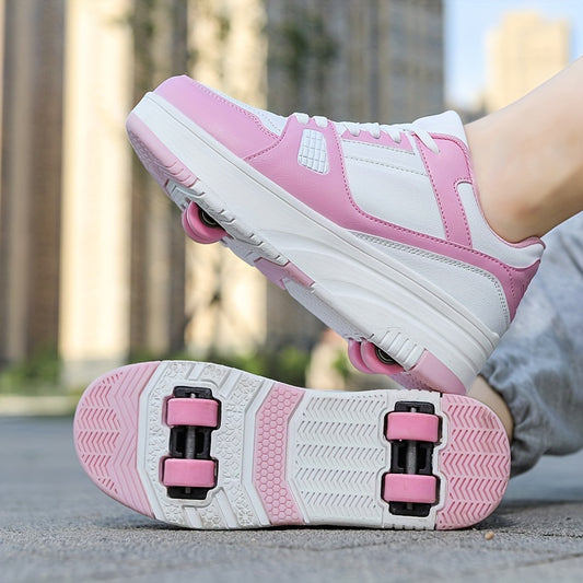 Children's roller skates in pink and white with removable wheels and lace-up design. Made of durable PU material for all-season outdoor fun.