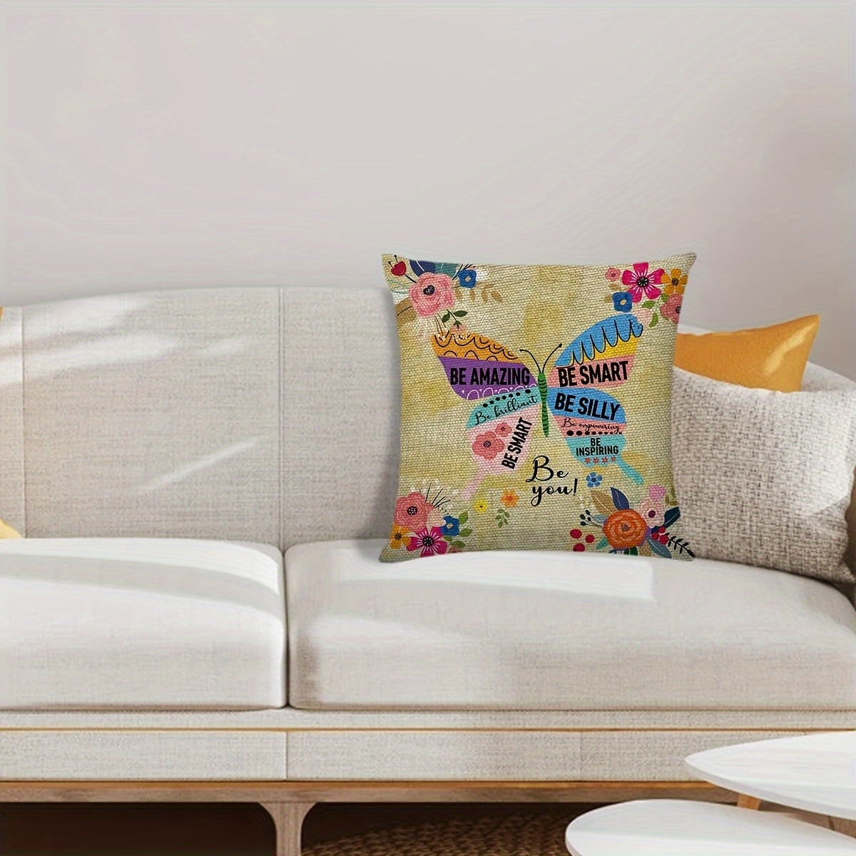 Inspiring Butterfly Throw Pillow Cover - Single Sided Linen Print with Zip Closure, Contemporary Style. Machine Washable Decorative Cushion Case for Living Room or Bedroom. Perfect Gift for Girls and Women - Be Amazing Design