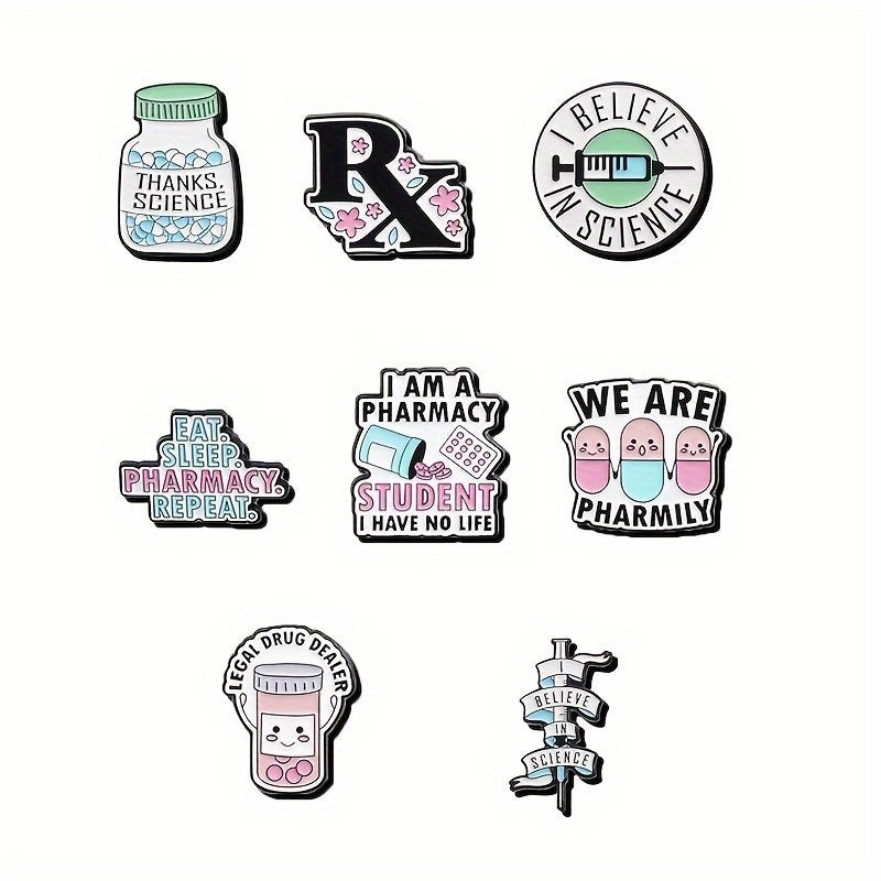 Set of 8 Enamel Brooch Pins - Made of Alloy Metal with Humorous Phrases, Unique Shapes, and Realistic Designs. Perfect for adding a fun touch to Backpacks, Coats, and Hats. Great gift for Pharmacy Students and Science Lovers.